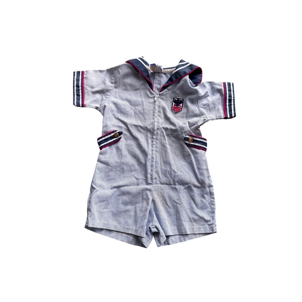 Vintage Little Bel Kids Blue Seersucker Sailor Romper Nautical One Piece Striped